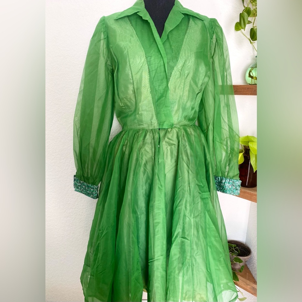 Vintage 50s Organza Fit & Flare Tinsel Cuff Party Dress